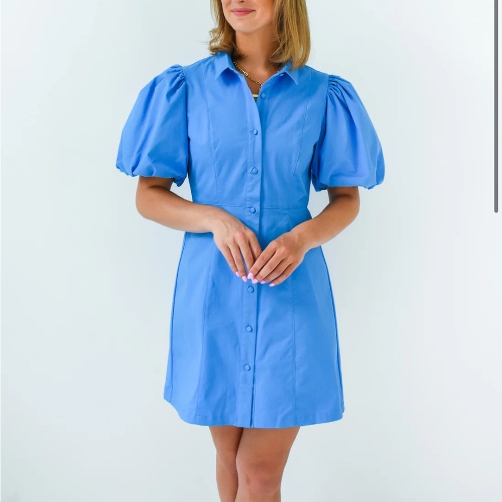 THML Blue Button Front Bubble Puff Sleeve Mini Dress XL NWT